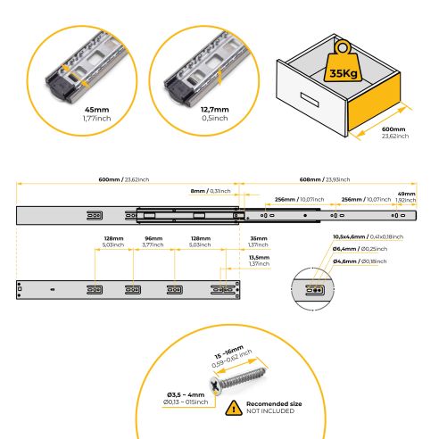 Emuca Kit guide per cassetti, a sfera, 45 x 600 mm, estrazione totale, chiusura soft, Zincato, 5 u.
