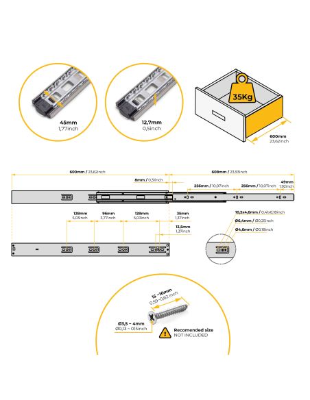 Emuca Kit guide per cassetti, a sfera, 45 x 600 mm, estrazione totale, chiusura soft, Zincato, 5 u.