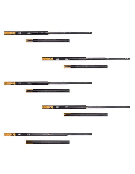 Emuca Lotto di 5 set guide per cassetti, a sfera, altezza 45 mm, profondità 600 mm, estrazione totale, chiusura soft, Nera