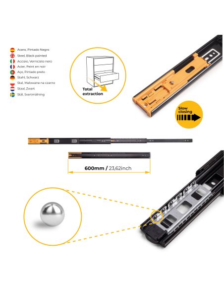 Emuca Lotto di 5 set guide per cassetti, a sfera, altezza 45 mm, profondità 600 mm, estrazione totale, chiusura soft, Nera