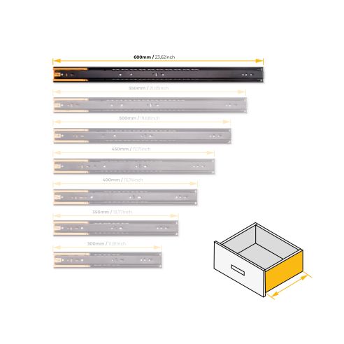 Emuca Lotto di 5 set guide per cassetti, a sfera, altezza 45 mm, profondità 600 mm, estrazione totale, chiusura soft, Nera
