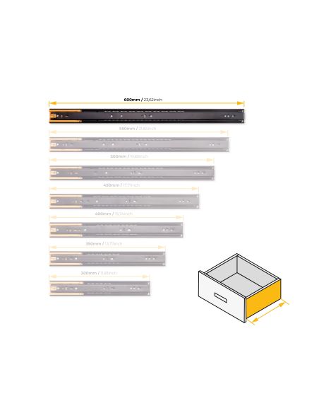 Emuca Lotto di 5 set guide per cassetti, a sfera, altezza 45 mm, profondità 600 mm, estrazione totale, chiusura soft, Nera
