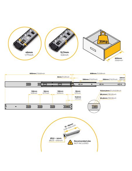 Emuca Lotto di 5 set guide per cassetti, a sfera, altezza 45 mm, profondità 600 mm, estrazione totale, chiusura soft, Nera