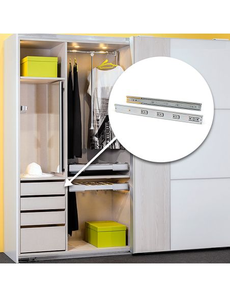 Emuca Kit guide per cassetti, a sfera, 45 x 650 mm, estrazione totale, chiusura soft, Zincato, 5 u.