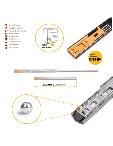 Emuca Kit guide per cassetti, a sfera, 45 x 650 mm, estrazione totale, chiusura soft, Zincato, 5 u.