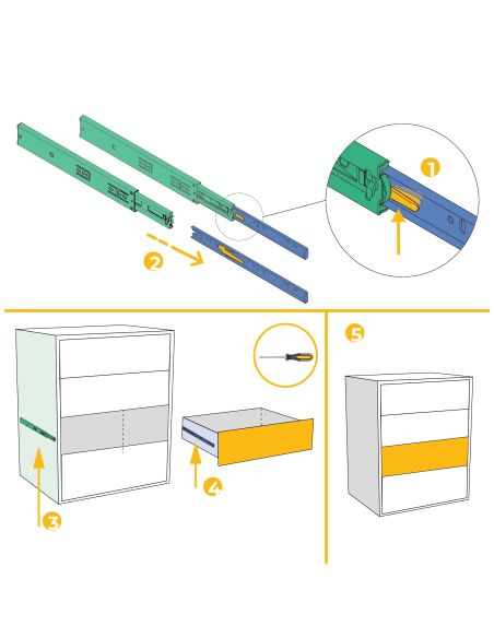 Emuca Kit guide per cassetti, a sfera, 45 x 650 mm, estrazione totale, chiusura soft, Zincato, 5 u.