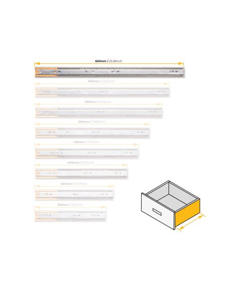 Emuca Kit guide per cassetti, a sfera, 45 x 650 mm, estrazione totale, chiusura soft, Zincato, 5 u.