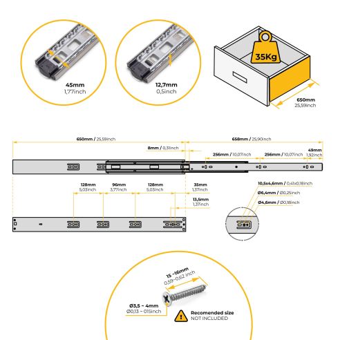 Emuca Kit guide per cassetti, a sfera, 45 x 650 mm, estrazione totale, chiusura soft, Zincato, 5 u.