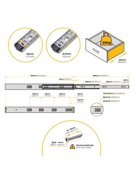 Emuca Kit guide per cassetti, a sfera, 45 x 650 mm, estrazione totale, chiusura soft, Zincato, 5 u.
