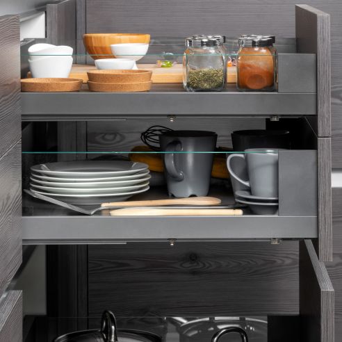 Emuca cassetto esterno Vertex 40 kg con laterale in vetro 131 mm di altezza, 450 mm di profondità, Grigio, Alluminio e Vetro