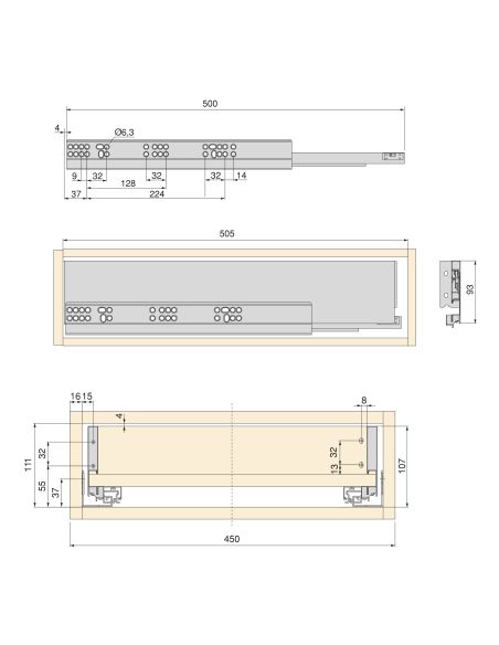 Emuca Kit cassetto per cucina o bagno Vertex di altezza 93 mm con pannelli inclusi., 450, Verniciato bianco, Vari