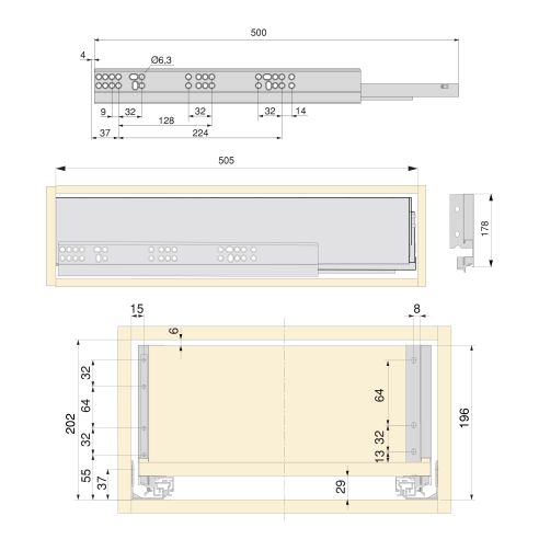Emuca Kit cassetto per cucina o bagno Vertex di altezza 178 mm con pannelli inclusi., 900, Verniciato bianco, Vari