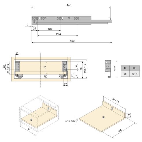 Emuca Cassetto esterno Simplex 25 kg, altezza 88 mm, profondità 440 mm, Acciaio, Grigio antracite