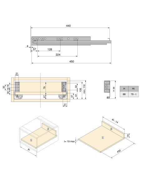 Emuca Cassetto esterno Simplex 25 kg, altezza 88 mm, profondità 440 mm, Acciaio, Grigio antracite