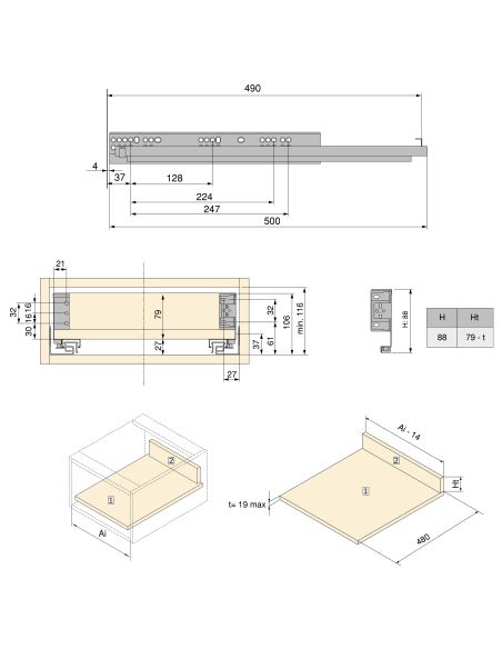 Emuca Cassetto esterno Simplex 25 kg, altezza 88 mm, profondità 490 mm, Acciaio, Grigio antracite