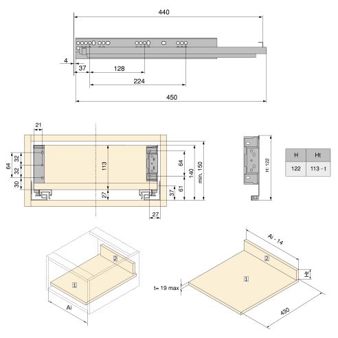 Emuca Cassetto esterno Simplex 25 kg, altezza 122 mm, profondità 440 mm, Acciaio, Grigio antracite