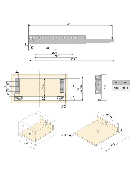 Emuca Cassetto esterno Simplex 25 kg, altezza 122 mm, profondità 490 mm, Acciaio, Verniciato bianco