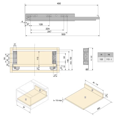 Emuca Cassetto esterno Simplex 25 kg, altezza 122 mm, profondità 490 mm, Acciaio, Grigio antracite