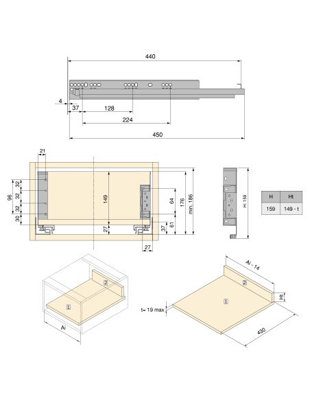 Emuca Cassetto esterno Simplex 25 kg, altezza 159 mm, profondità 440 mm, Acciaio, Grigio antracite