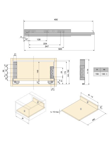 Emuca Cassetto esterno Simplex 25 kg, altezza 159 mm, profondità 490 mm, Acciaio, Verniciato bianco