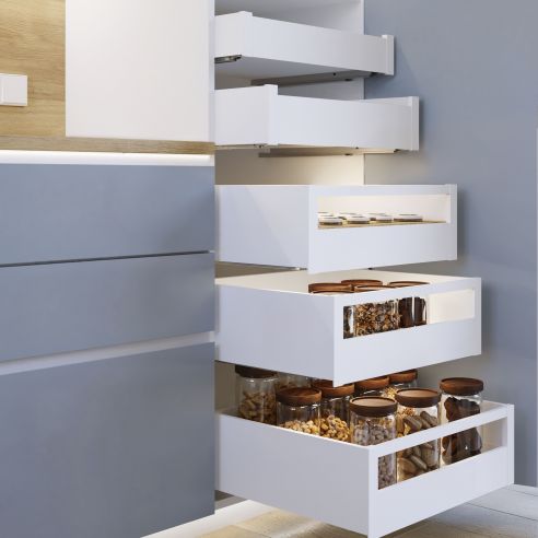 Emuca Cassetto esterno Protone 30kg, guide di estrazione totale con una chiusura soft, altezza 131mm, profondità 500mm, Bianco