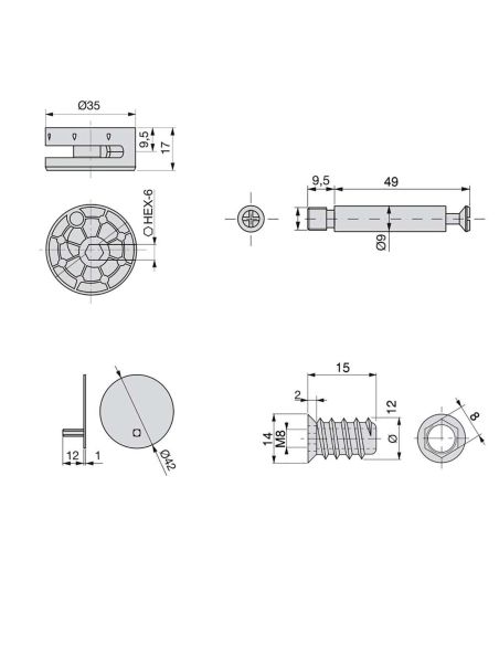 Emuca Eccentrico + perno e bussola M8, D. 35 mm, pannello 20 mm, Zama e Acciaio, Bianco, 10 u.