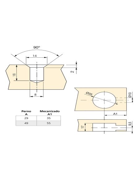 Emuca Eccentrico + perno e bussola M8, D. 35 mm, pannello 20 mm, Zama e Acciaio, Bianco, 10 u.