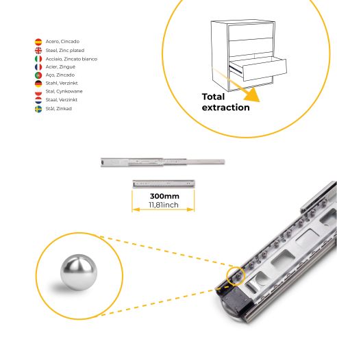 Emuca Guide a sfera per cassetti ad estrazione totale, altezza 45 mm, 300, Zincato bianco, Acciaio