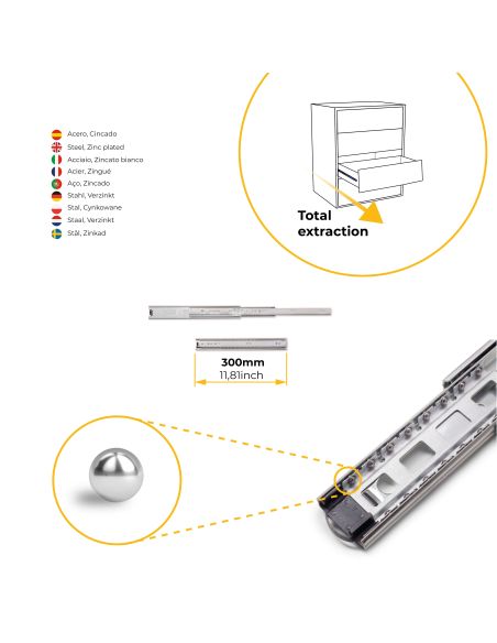 Emuca Guide a sfera per cassetti ad estrazione totale, altezza 45 mm, 300, Zincato bianco, Acciaio