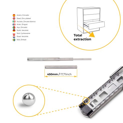 Emuca Guide a sfera per cassetti ad estrazione totale, altezza 45 mm, 450, Zincato bianco, Acciaio
