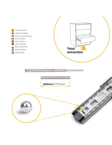 Emuca Guide a sfera per cassetti ad estrazione totale, altezza 45 mm, 450, Zincato bianco, Acciaio