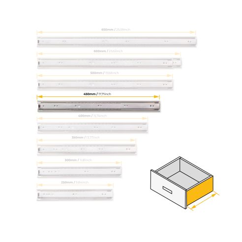 Emuca Guide a sfera per cassetti ad estrazione totale, altezza 45 mm, 450, Zincato bianco, Acciaio