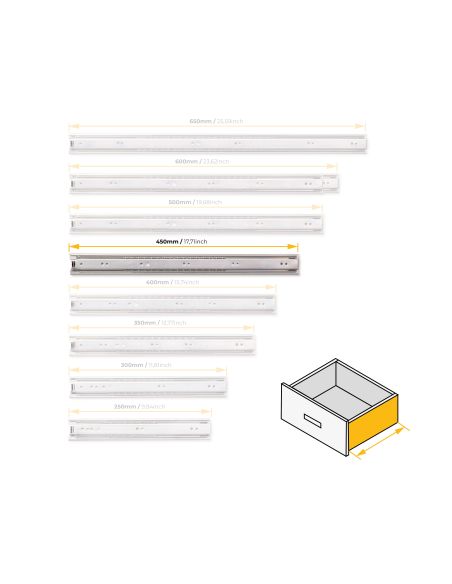 Emuca Guide a sfera per cassetti ad estrazione totale, altezza 45 mm, 450, Zincato bianco, Acciaio