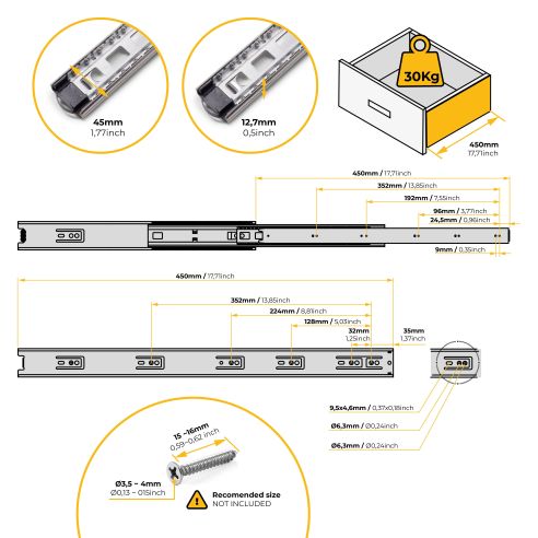 Emuca Guide a sfera per cassetti ad estrazione totale, altezza 45 mm, 450, Zincato bianco, Acciaio