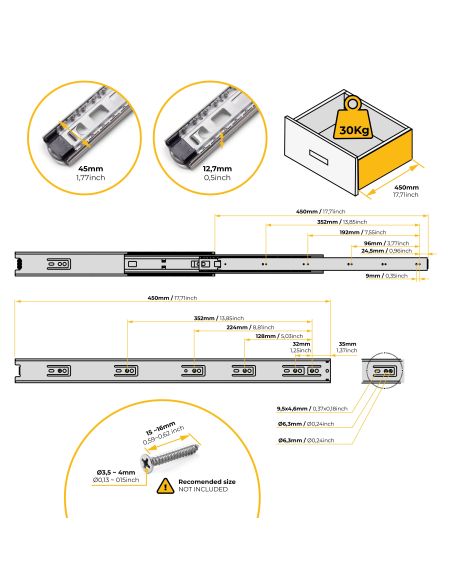 Emuca Guide a sfera per cassetti ad estrazione totale, altezza 45 mm, 450, Zincato bianco, Acciaio