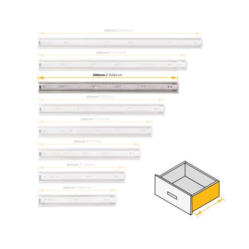 Emuca Guide a sfera per cassetti ad estrazione totale, altezza 45 mm, 500, Zincato bianco, Acciaio