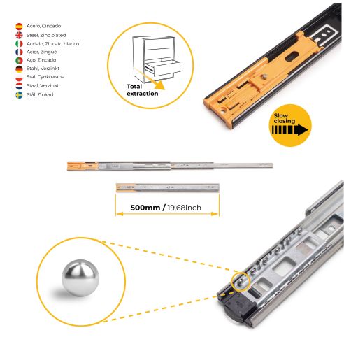 Emuca Guide a sfere per cassetti con estrazione totale e chiusura soft, altezza 45 mm, 500, Zincato bianco, Acciaio