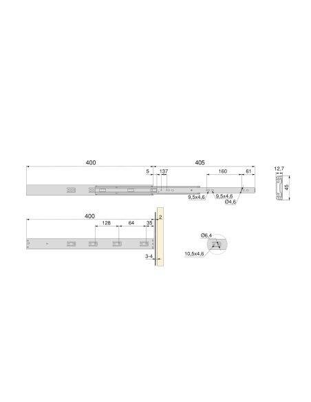 Emuca Kit guide per cassetti, a sfera, 45 x 400 mm, estrazione totale, sistema push, chiusura soft, Zincato, 5 u.