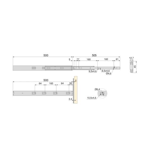 Emuca Kit guide per cassetti, a sfera, 45 x 500 mm, estrazione totale, sistema push, chiusura soft, Zincato, 5 u.