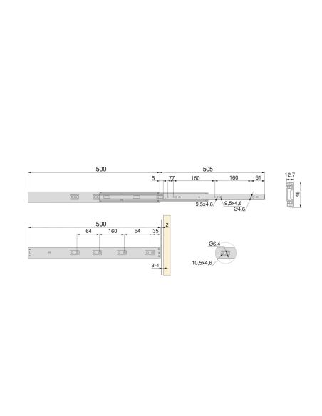 Emuca Kit guide per cassetti, a sfera, 45 x 500 mm, estrazione totale, sistema push, chiusura soft, Zincato, 5 u.