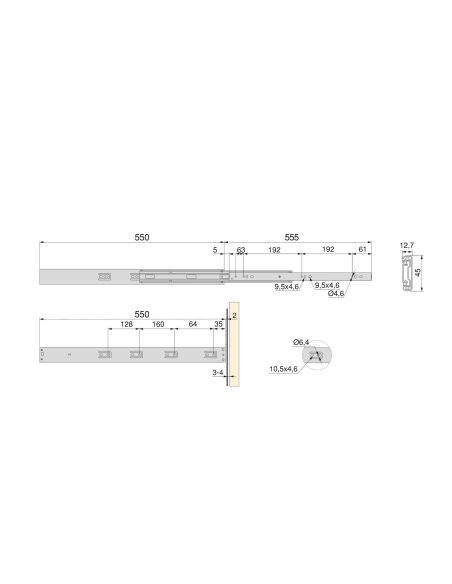 Emuca Kit guide per cassetti, a sfera, 45 x 550 mm, estrazione totale, sistema push, chiusura soft, Zincato, 5 u.