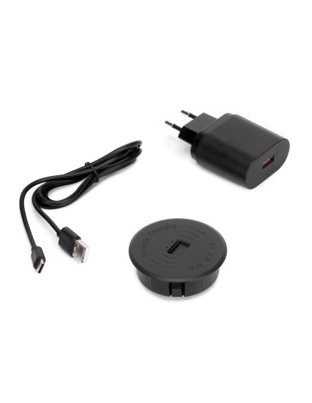 Emuca Caricabatterie wireless Airtop 2, con USB A, D.60mm, 5V DC / 2.1A (USB-10W/Qi-10W), Tecnoplastica, Nero