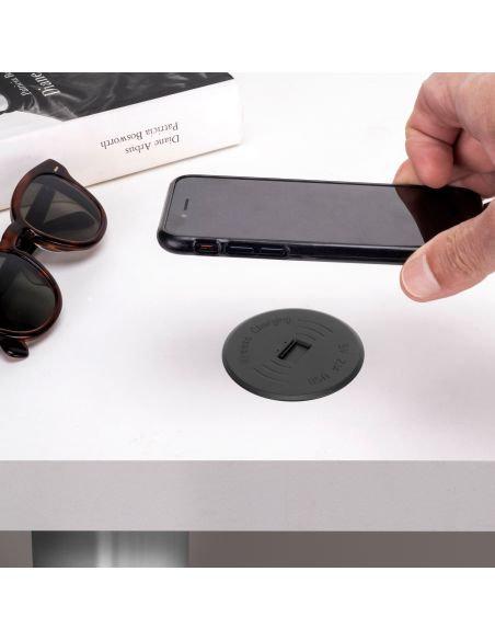 Emuca Caricabatterie wireless Airtop 2, con USB A, D.60mm, 5V DC / 2.1A (USB-10W/Qi-10W), Tecnoplastica, Nero