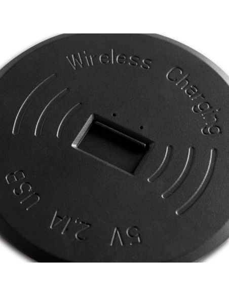 Emuca Caricabatterie wireless Airtop 2, con USB A, D.60mm, 5V DC / 2.1A (USB-10W/Qi-10W), Tecnoplastica, Nero