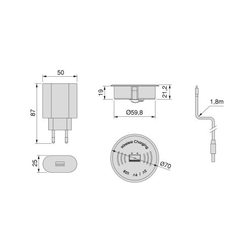 Emuca Caricabatterie wireless Airtop 2, con USB A, D.60mm, 5V DC / 2.1A (USB-10W/Qi-10W), Tecnoplastica, Nero