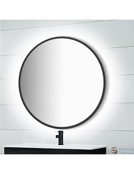 Emuca Specchio da bagno Zeus con Illuminazione LED decorativa e cornice nera, diametro 80 cm, AC 230V 50Hz, 12W