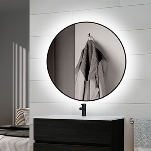 Emuca Specchio da bagno Zeus con Illuminazione LED decorativa e cornice nera, diametro 80 cm, AC 230V 50Hz, 12W