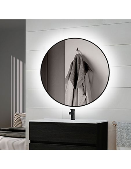 Emuca Specchio da bagno Zeus con Illuminazione LED decorativa e cornice nera, diametro 80 cm, AC 230V 50Hz, 12W