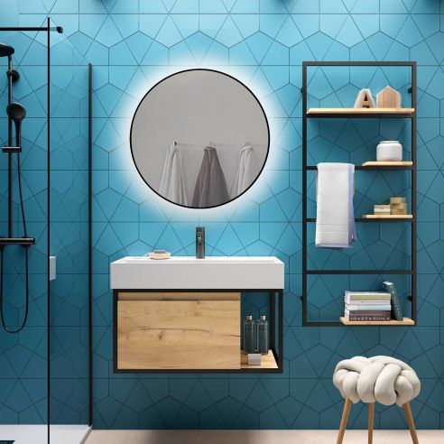 Emuca Specchio da bagno Zeus con Illuminazione LED decorativa e cornice nera, diametro 80 cm, AC 230V 50Hz, 12W