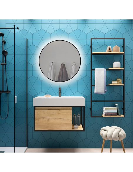 Emuca Specchio da bagno Zeus con Illuminazione LED decorativa e cornice nera, diametro 80 cm, AC 230V 50Hz, 12W